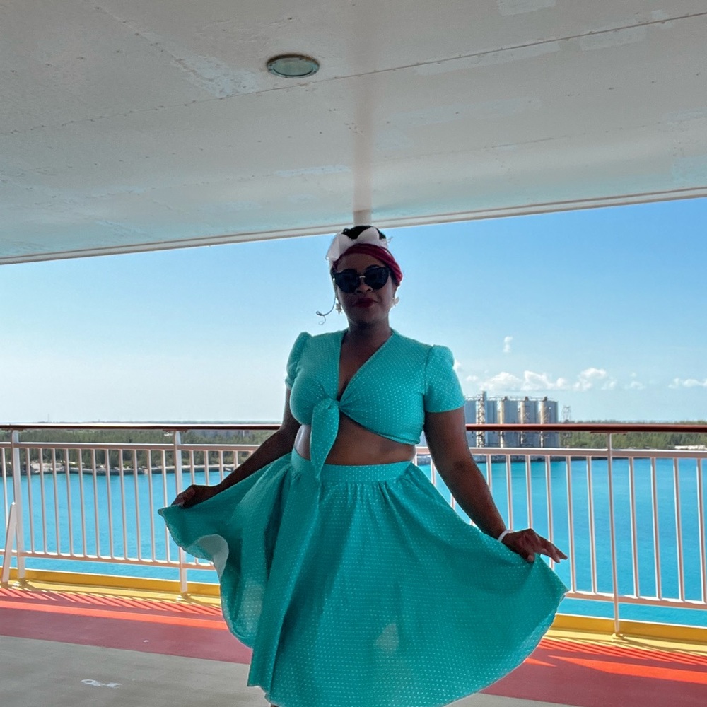 Vintage Mini-Polka Dot Turquoise Top & Skirt Set